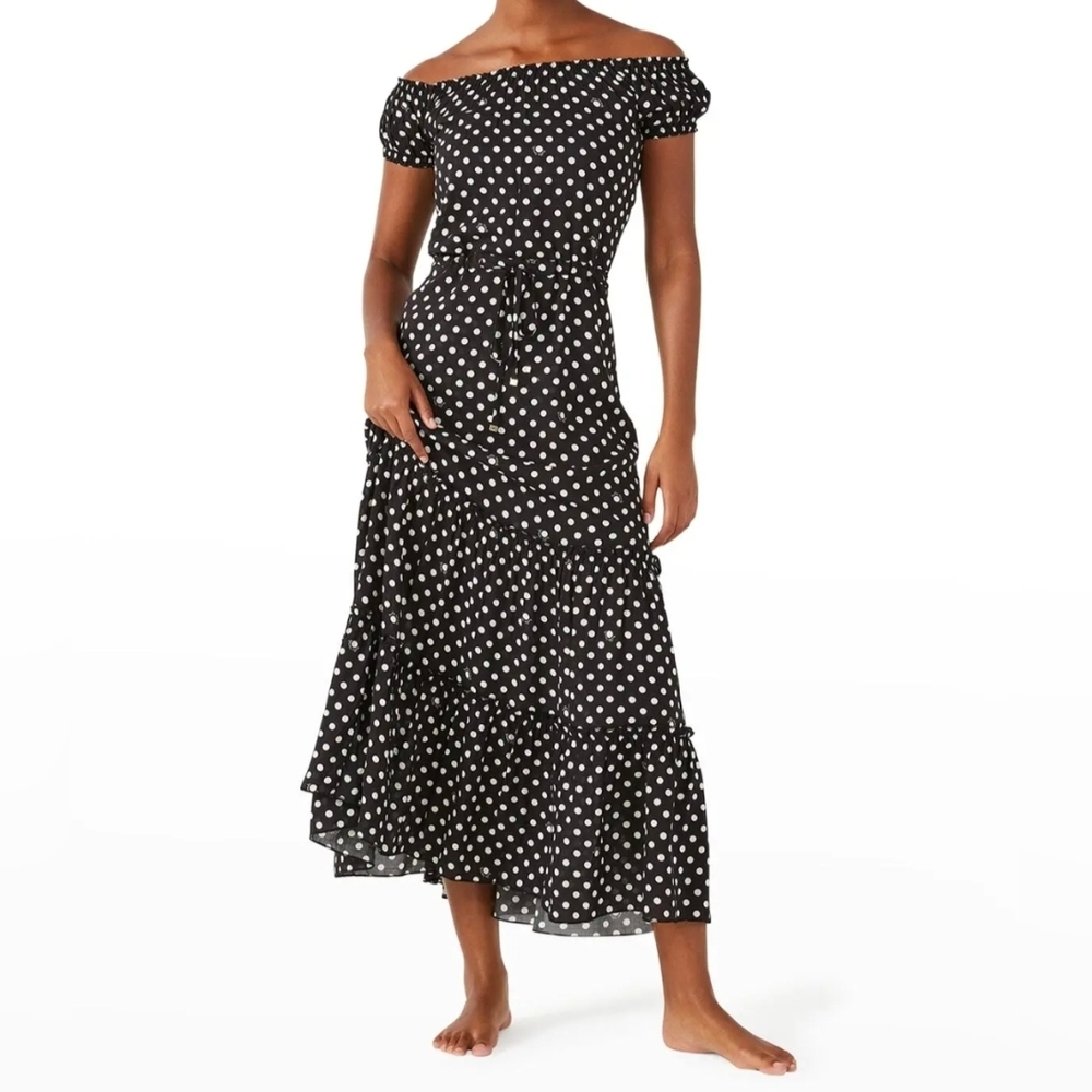 Kate Spade Lia Dot Off Shoulder Maxi Dress Black White Polka Dot Tiered Ruffle